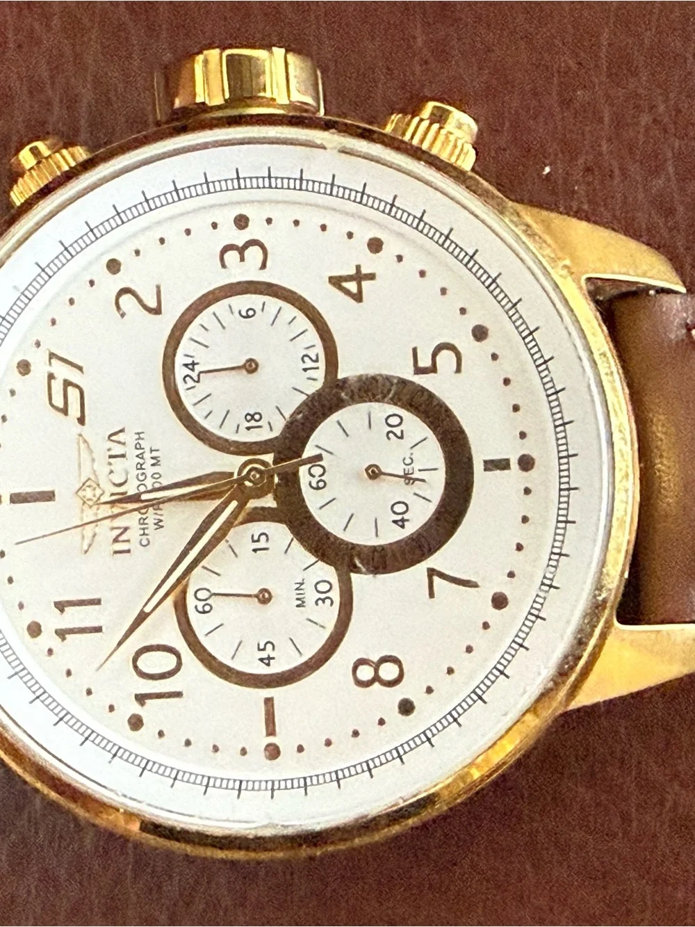 Invicta Gold Case Chronograph Watch with Brown Leather Strap